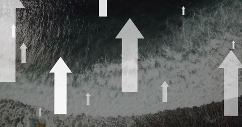 Aerial coastal growth concept showing translucent upward arrows over breaking waves and shoreline