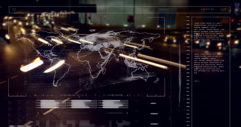 Futuristic Digital Interface with Global Data Overlaid on City Traffic