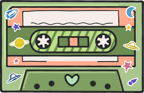 Retro Cassette with Space Stickers on Transparent Background Nostalgic Design