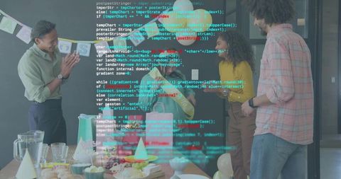 Clapping coworkers celebrating office gift reveal with cake, balloons and code overlay