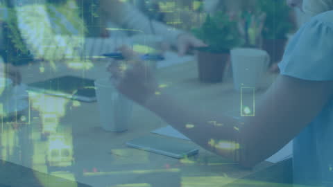 Digital Overlay Office Meeting with Futuristic Cityscape