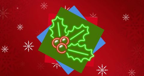 Festive Christmas Neon Holly with Snowflake Background