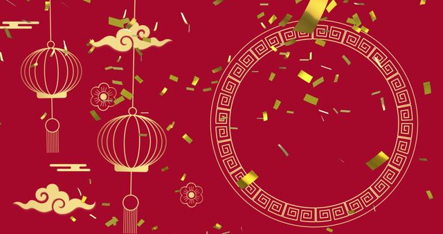 Chinese New Year Decorations with Red Background and Confetti Celebration - Download Free Stock Images Pikwizard.com