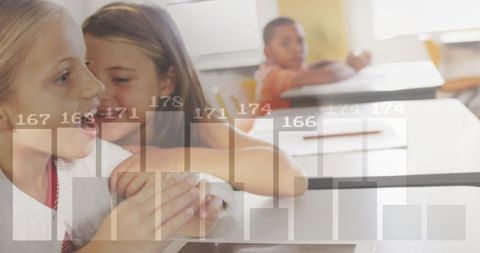 Girls whispering in classroom with overlayed bar charts