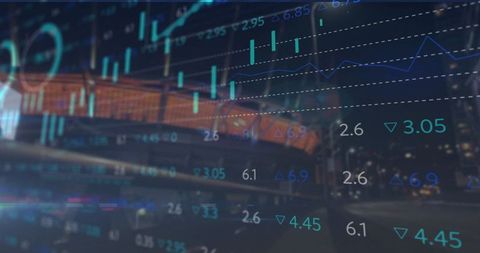 Busy City Street Scene with Futuristic Data and Graph Overlay