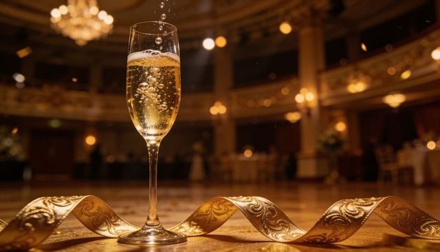 Champagne flute bubbling on ballroom dance floor with gold ribbon and chandelier glow