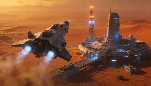 Single-crew shuttle launching from mars ring base with blue thruster plumes at sunset horizon