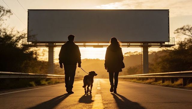 Silhouetted couple walking dog along empty highway at sunset with blank billboard