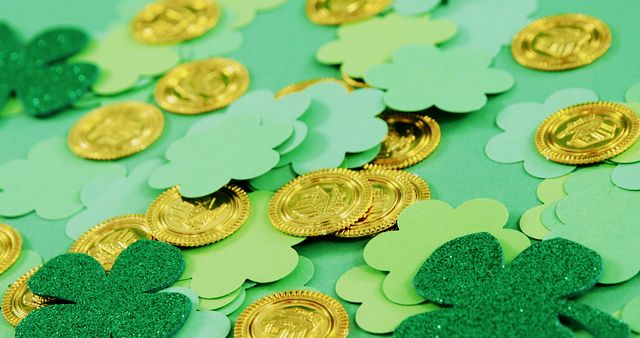 Gold coins are interspersed with green shamrocks on a vibrant green background, with copy space. Symbols of luck and prosperity, the items suggest a festive theme related to St. Patrick's Day celebrations.
