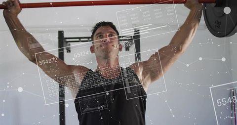 Muscular man lifting barbell overhead with augmented fitness analytics overlay for training