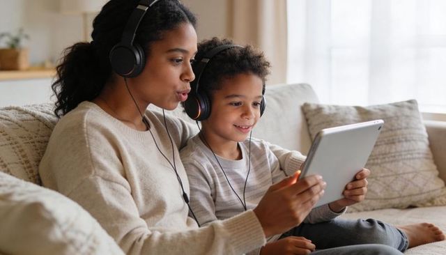 Parent and Child Sharing Tablet, Listening with Headphones, Relaxing on Cozy Sofa