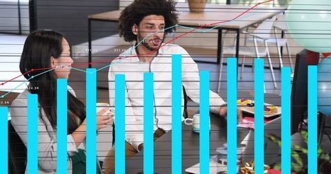 Coworkers collaborating over coffee with transparent growth charts and data overlay
