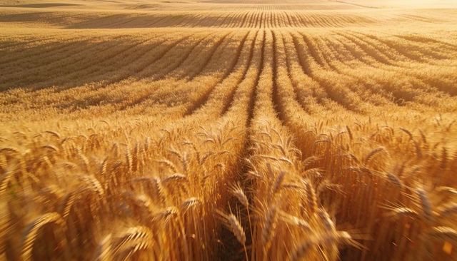 Swaying golden wheat rows leading to distant horizon at sunrise warm light over farmland