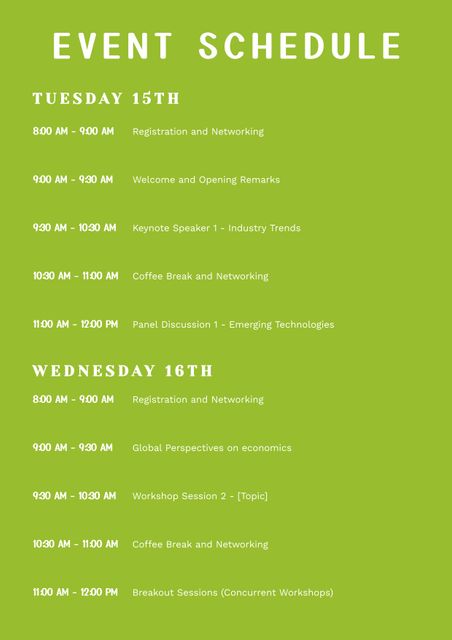 Event schedule text and details of two day economics seminar schedule in white on green background. Economics seminar event information poster, digitally generated image.