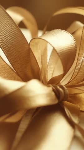 Panning across gold metallic ribbon bow on wood table revealing curled tail and shimmer