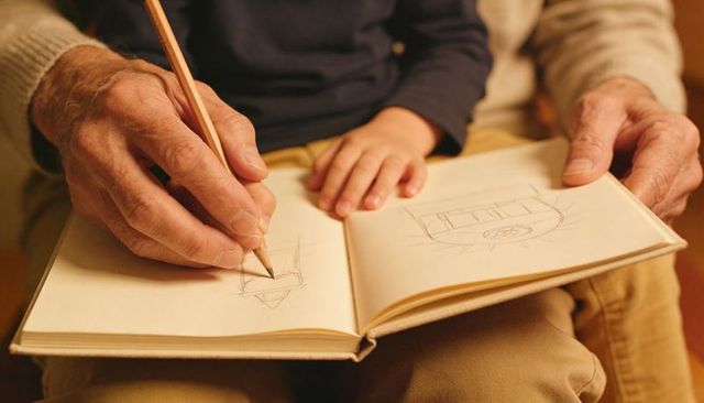 Grandparent mentoring child sketching on lap close-up hands drawing in sketchbook
