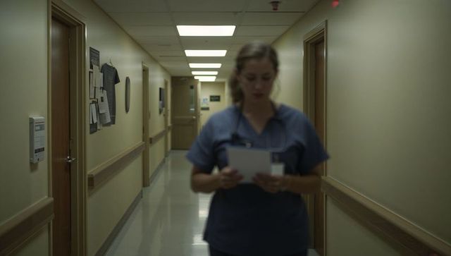 Nurse reading chart in dim hospital corridor holding clipboard and stethoscope