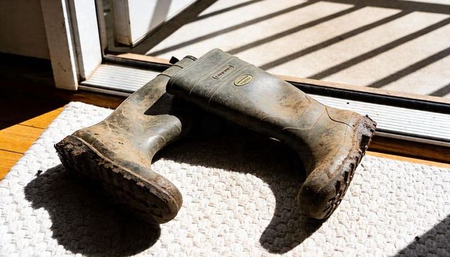 Muddy green rubber boots resting on sunlit woven rug near sliding glass door