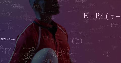 Athlete Holding Ball with Scientific Symbols and Equations