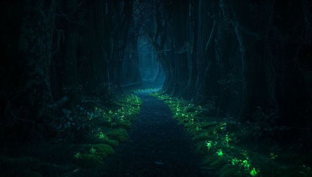 Enchanted forest pathway with bioluminescent plants at night