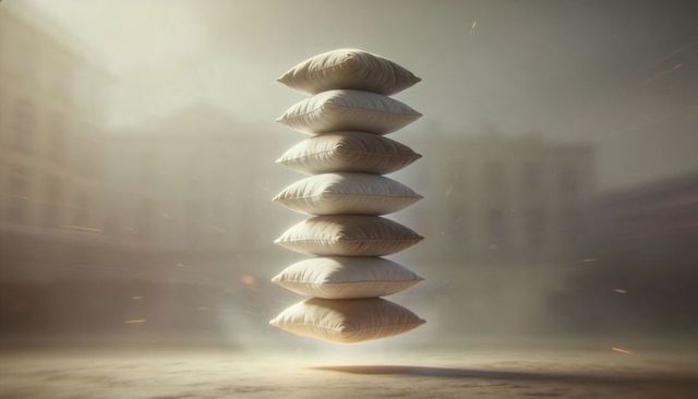 Floating stack of cream pillows casting soft shadow in minimal industrial interior