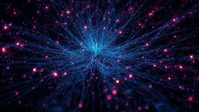 Radiating neural network core emitting blue filaments and pink data particles in digital cyberspace