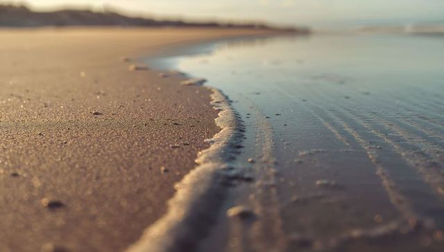 Glistening low-tide shoreline capturing gentle foam, wet sand reflections at sunrise