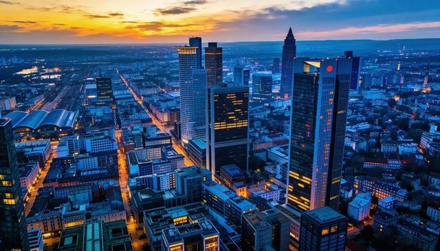 Glowing twilight skyline with reflective skyscrapers, rail terminal and city light trails