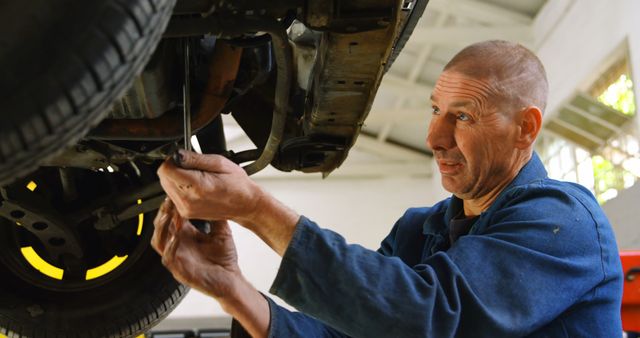 Mechanic is working on the underside of a vehicle that is lifted on a car lift. He is using spanner and wrench tools. This image can be used for promotions, ads, or content related to car maintenance, repair services, and automotive engineering.