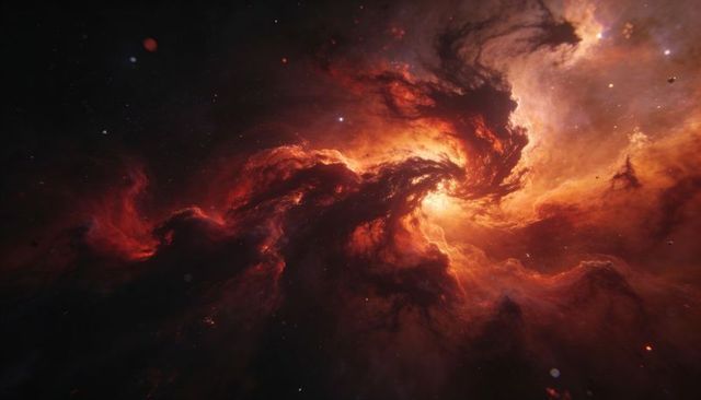 Swirling orange nebula revealing luminous core and turbulent filaments in deep space