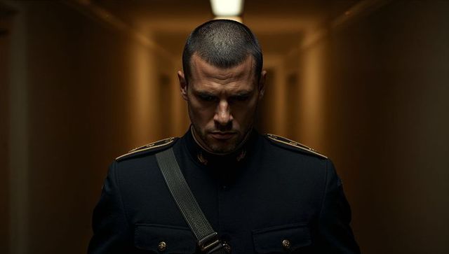Solitary Military Officer in Dimly Lit Corridor