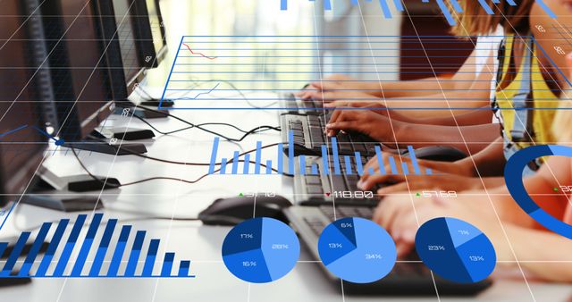 Hands typing on keyboards in office environment with transparent overlay of financial graphs and charts. Perfect for use in business analytics, financial reports, presentations, and advertisements showcasing workflow, teamwork, and data analysis.