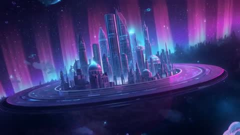 Futuristic City and Rotating Ring in Space with Neon Skyscrapers