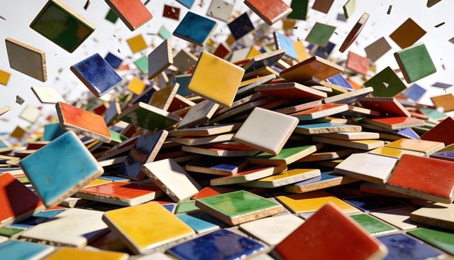 Tumbling colorful ceramic tiles over stacked pile showing glossy surfaces and motion