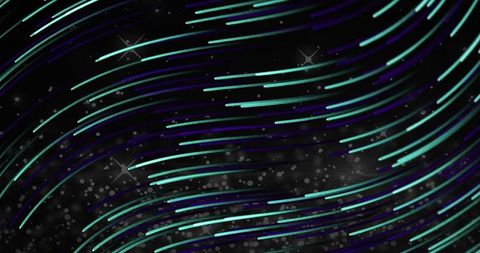 Luminescent teal and purple light trails curving across dark neon field with bokeh