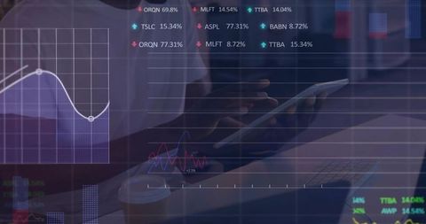 Financial Analyst Reviewing Stock Data on Tablet with Virtual Charts