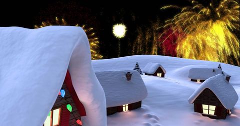 Snow-Covered Cottages with Vibrant Fireworks Display