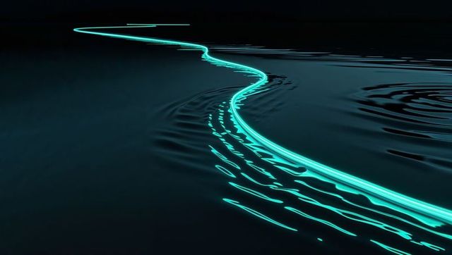 Glowing Turquoise Light Path Reflected on Water at Night
