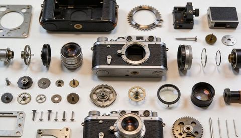 Disassembled vintage rangefinder cameras with lenses, gears and precision components
