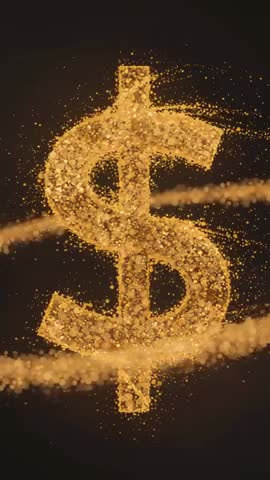 Gold Dust Dollar Sign Shimmering with Orbiting Particle Ring Vertical Cinematic Loop