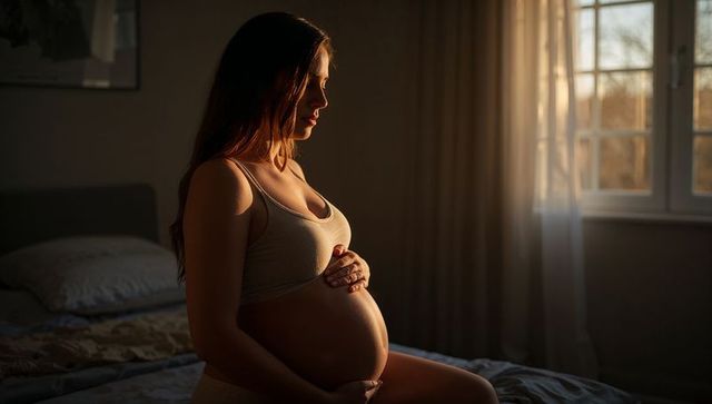 Pregnant woman cradling belly on bed at golden hour, intimate maternal calm and anticipation