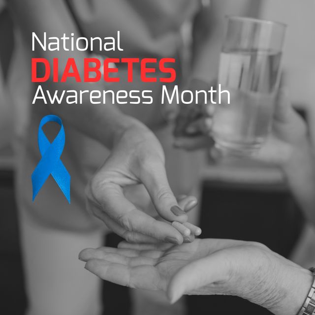 National diabetes awareness month over hands of caucasian woman giving pill to senior. Health, medicine and diabetes awareness concept.