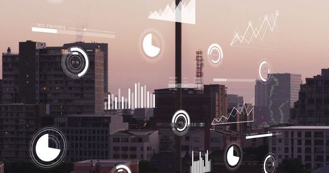 Futuristic Data Graphics and Reports Overmitting Downtown