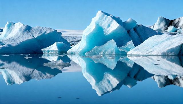Glacial icebergs reflecting in mirror-like polar water under clear blue sky
