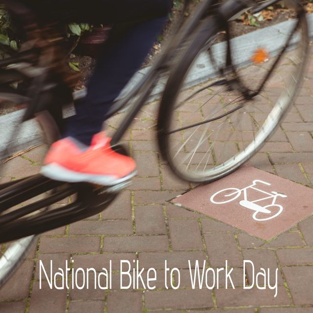 Promoting eco-friendly commuting, the image captures the motion of cycling to work on National Bike to Work Day. It evokes a sense of movement and health-consciousness, ideal for fitness event promotions or green lifestyle campaigns.