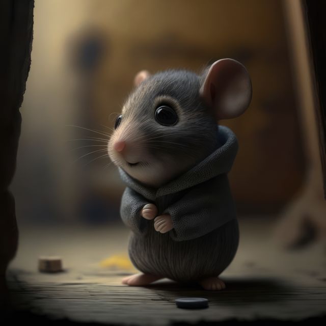 Image depicting an adorable toy mouse wearing a small hoodie, looking curious in a cozy room with a warm color palette. Ideal for use in children's book illustrations, animation projects, advertisements for toys, or as a cute decoration element in children's nurseries.