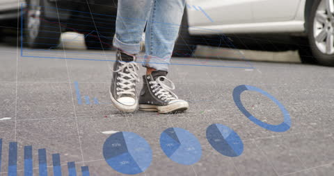 Teenager Walking on Street with Animated Data Graphics Overlay