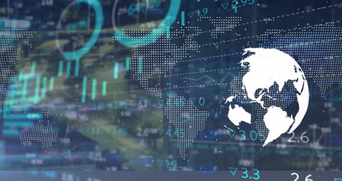 Global Data Analytics Over World Map and Busy City Traffic