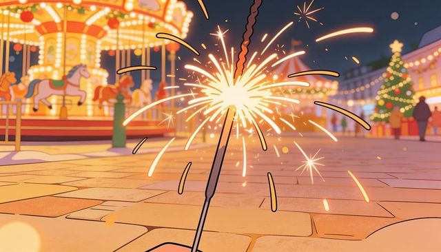 Sparkler glowing over holiday plaza, sending golden sparks by carousel and christmas tree