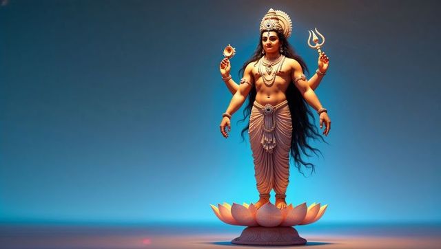 Golden Four-Armed Hindu Deity Sculpture with Lotus and Trident